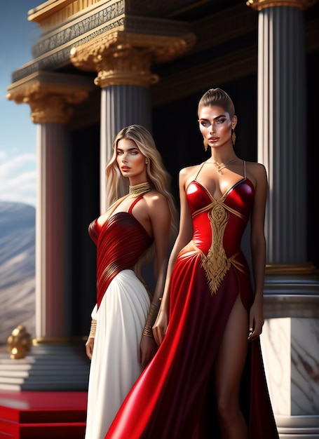 Two women in red dresses stand in front of a temple