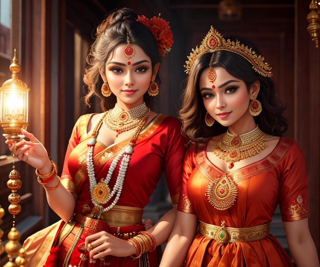 Two women in red dresses with gold jewelry and the word love on them