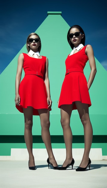 two women in red dresses