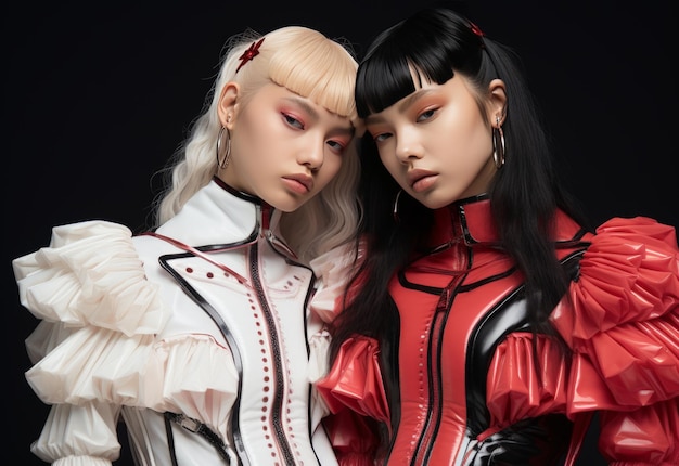 Two Women in Red and White Outfits Standing Together