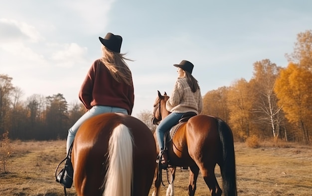 野原で馬に乗る二人の女性