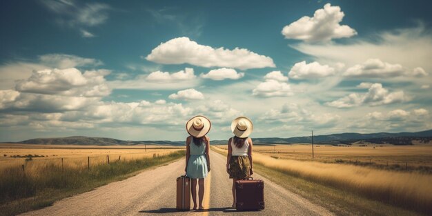 Two women on a road with a blue sky and clouds