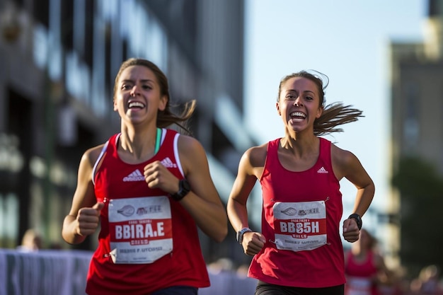 Photo two women running in a race in a city