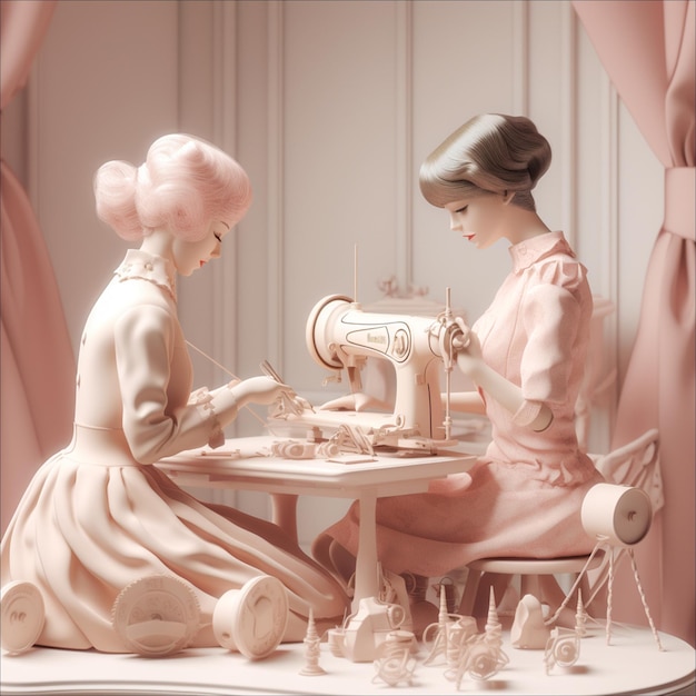 Two women sewing on a sewing machine with a pink curtain behind them.