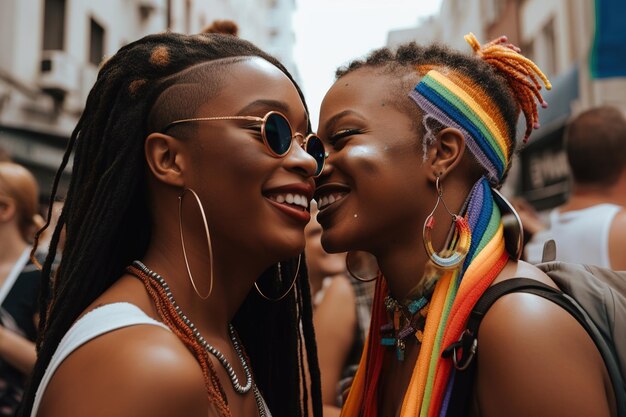 Two women share a kiss in a street