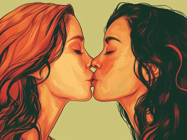 Photo two women sharing a tender kiss illustrated in warm tones