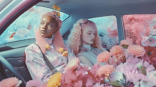 窓に花を飾った車に二人の女性が座っている。