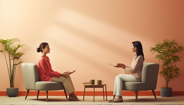 two women sit in a chair and talk with a cup of coffee