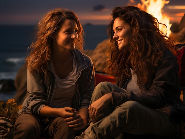 Two women sit close together in front of a campfire on the beach