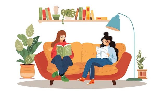 2人の女性がソファに座って1人が本を読んでいる