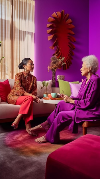 two women sit on a couch, one of them is wearing a red dress.