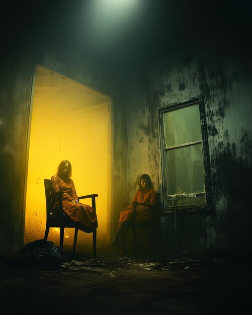 두 명의 여성이 문에 앉아 있는데, 그 중 하나는 노란색입니다.