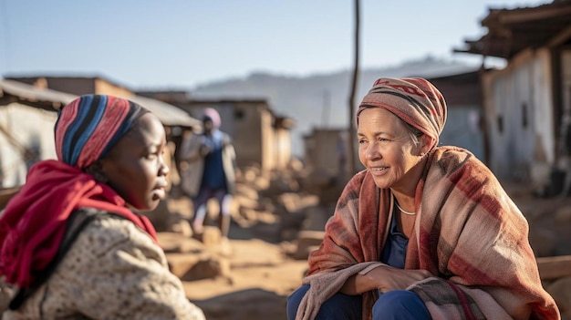 Photo two women sit in front of a building with a woman wearing a red head scarf