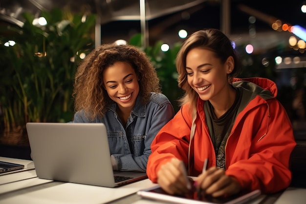 Photo two women sit at a table in a cafe one of them is looking at a laptop