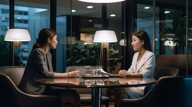 two women sit at a table and talk at a table.