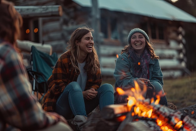 Two women sitting around a campfire laughing