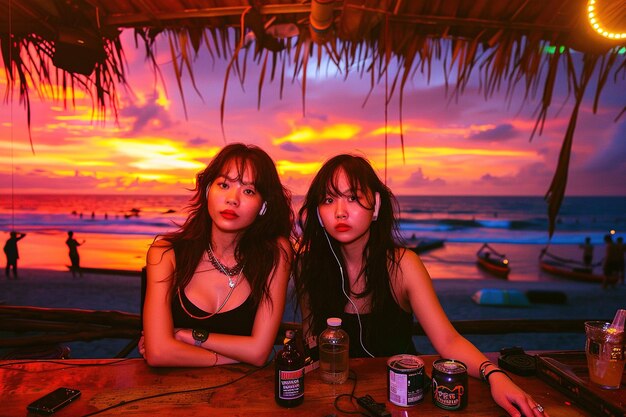 Two women sitting at a bar with a sunset in the background