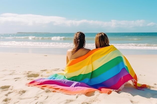 바다 앞 해변에 앉아 두 여자