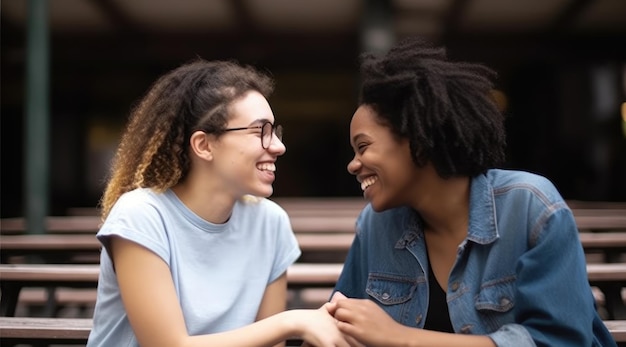 Photo two women sitting on a bench, one of them is wearing glasses and the other is holding hands with the other her face.