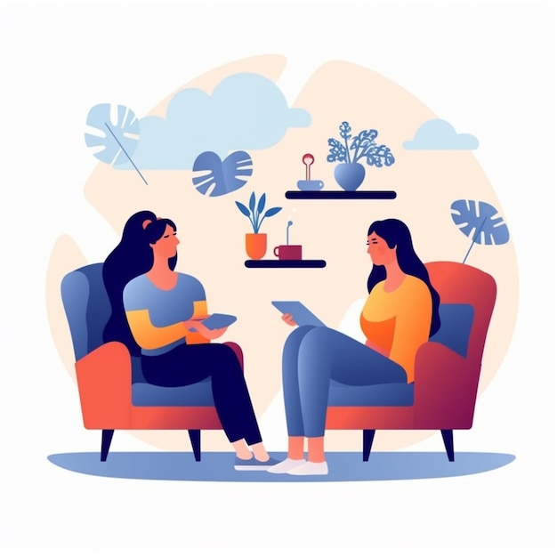 Две женщины сидят в креслах и разговаривают друг с другом с генеративным искусственным интеллектом