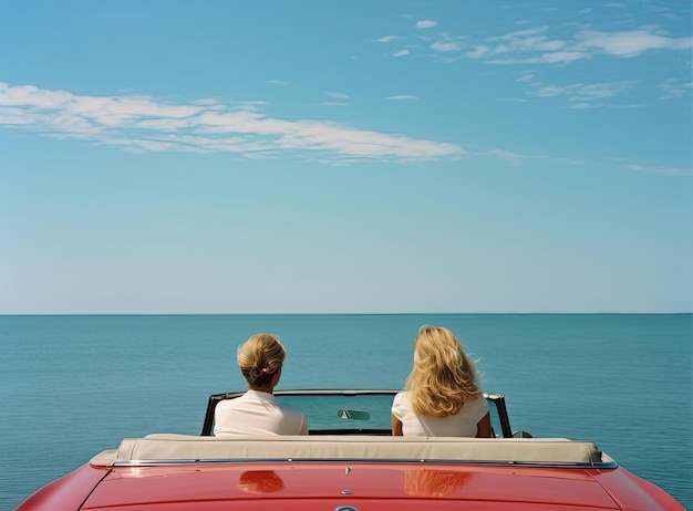 two women sitting in a convertible car in the style of juergen teller