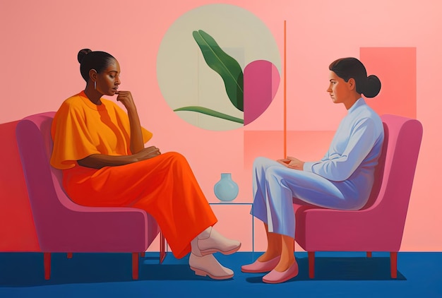 Photo two women sitting on the couch discussing their relationship in the style of medical themes