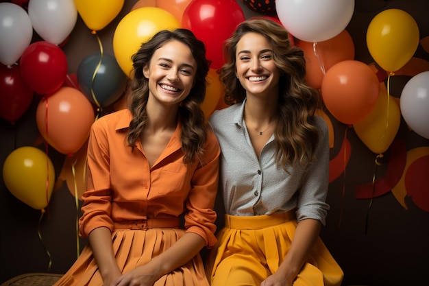 Two women sitting in front of a colorful wall with balloons and one of them has a yellow shirt that says "