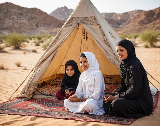 Photo two women sitting in front of a tent