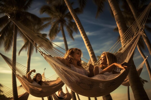 Two women sitting in a hammock on the beach