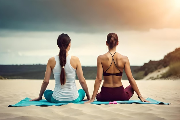 Two women sitting on the sand meditation concept