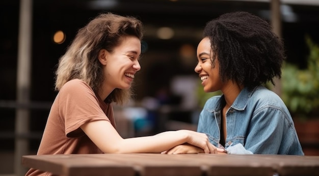 Photo two women sitting at a table, one of them is holding hands and the other is smiling.