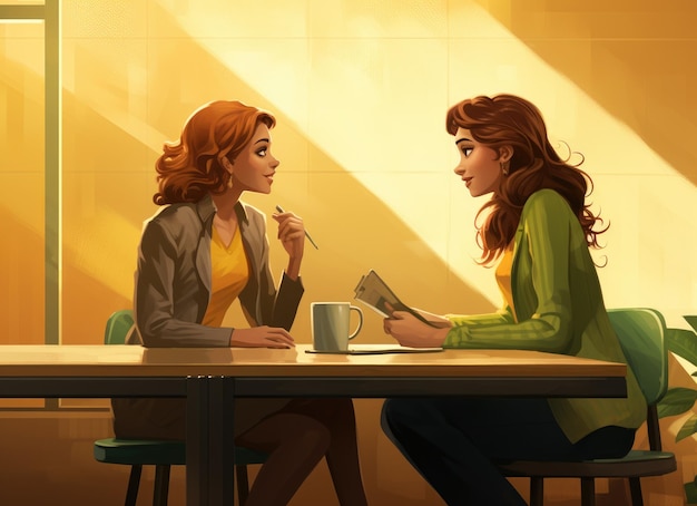 テーブル に 座っ て 話し合っ て いる 二 人 の 女性