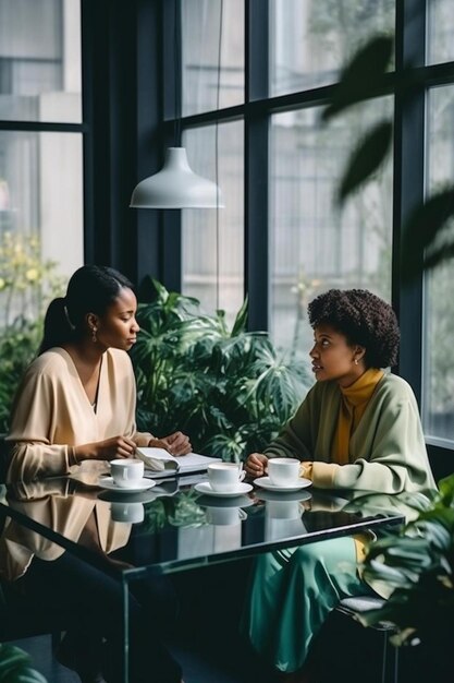 Photo two women sitting at a table with cups and one of them has a green plant in the background