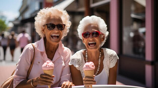 Two women sitting at a table with ice cream cones in their hands generative ai