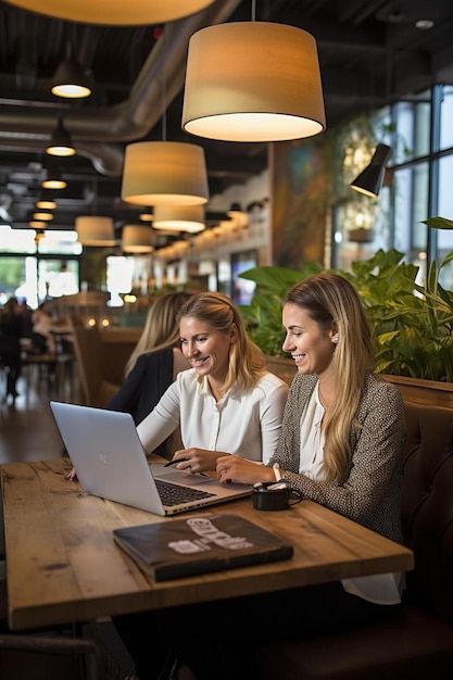 two women sitting at a table with a laptop and a book titled  the word  on it