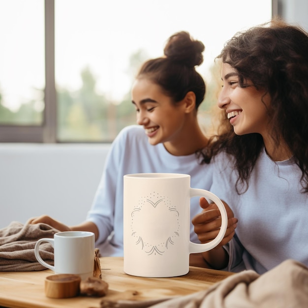 Photo two women sitting at a table with a mug that says quot the word deer quot on it