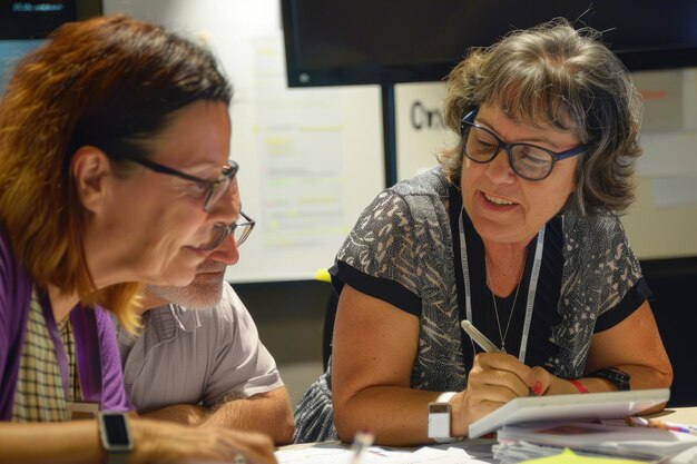 Photo two women sitting at a table working on something