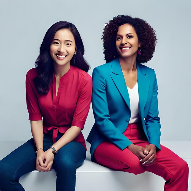 Two women sitting on a white bench, one wearing a red shirt and the other with a blue blazer