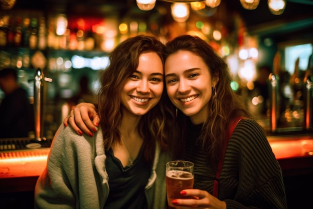 Two women smile and hold a glass of beer in front of a bar.