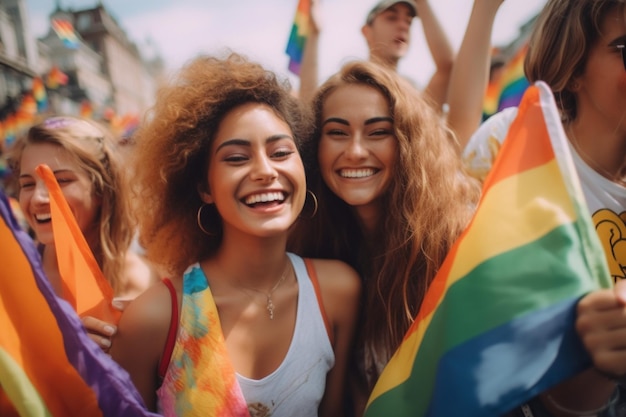 Two women smile and smile at the camera while holding a rainbow flag.