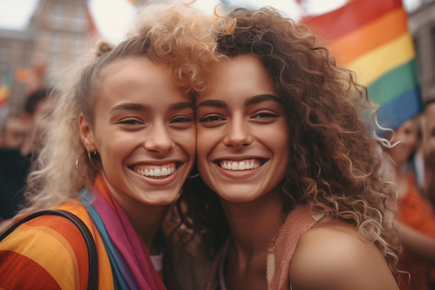 Photo two women smiling and hugging each other