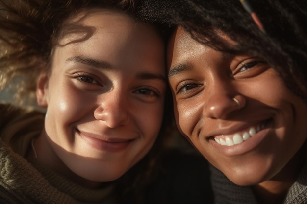 two women smiling and one has a light on her face