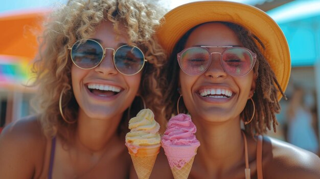 Two women smiling with ice cream cones