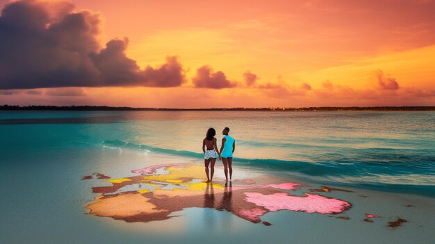 Two women stand on a beach in front of a sunset.