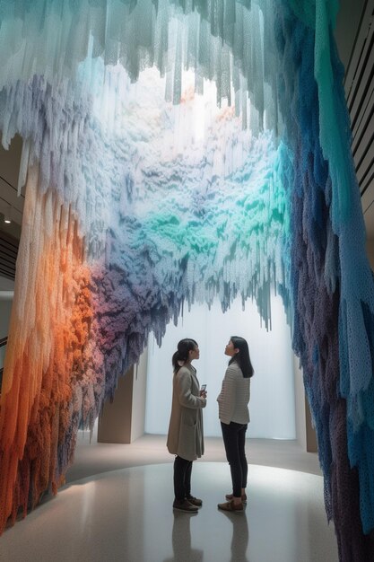 Two women stand in front of a ceiling covered in ice and a large number of icicles.