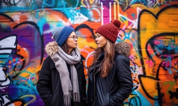 Two women stand in front of a colorful graffiti wall.