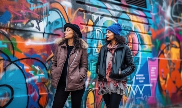 Two women stand in front of a graffiti wall