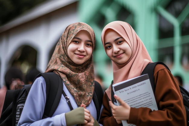 Two women stand in front of a green building one of them is wearing a hijab