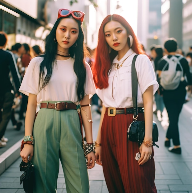 Two women stand on a street wearing pants and a belt.