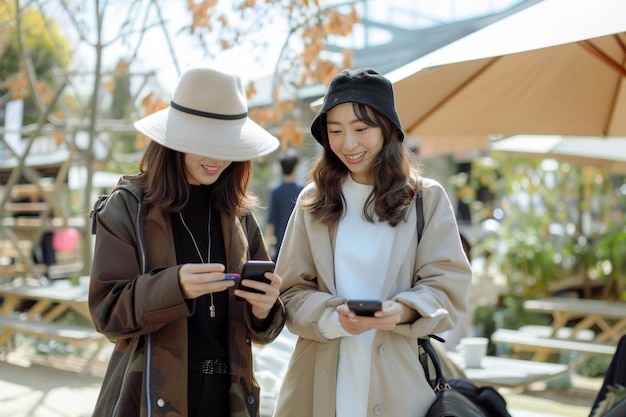 two women standing next to each other on their cell phones